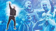 A composite image showing multiple celebratory moments of a Manchester City figure with blurred faces, featuring a dynamic pose with a raised fist and various other emotional reactions.