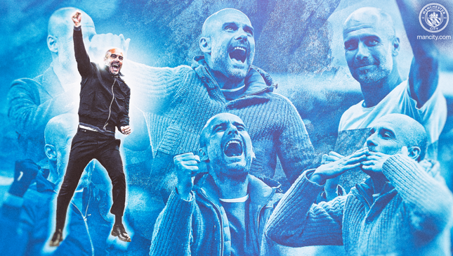 A composite image showing multiple celebratory moments of a Manchester City figure with blurred faces, featuring a dynamic pose with a raised fist and various other emotional reactions.