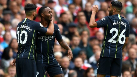 CELEBRATIONS: Sterling celebrates with Aguero and Mahrez after his thunderous strike takes us into the lead.