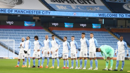 SQUAD GOALS: The starting team arrive on the Etihad pitch ahead of kick-off.