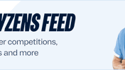 A banner promoting Cityzens Feed which includes competitions, quizzes, and more, featuring a person in a Manchester City football jersey.