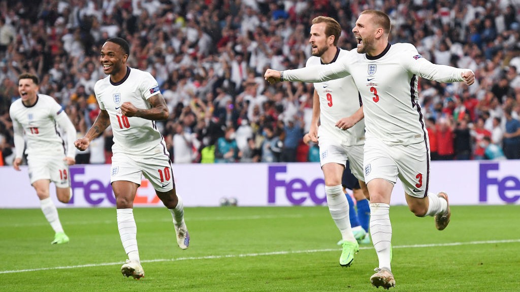 LIFT OFF: Luke Shaw and England celebrate his early strike