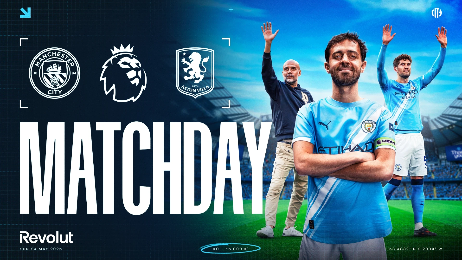 Promotional image for the match between Manchester City and Aston Villa on May 24, 2026. Features Manchester City's players and logos of Manchester City, Aston Villa, and the Premier League.
