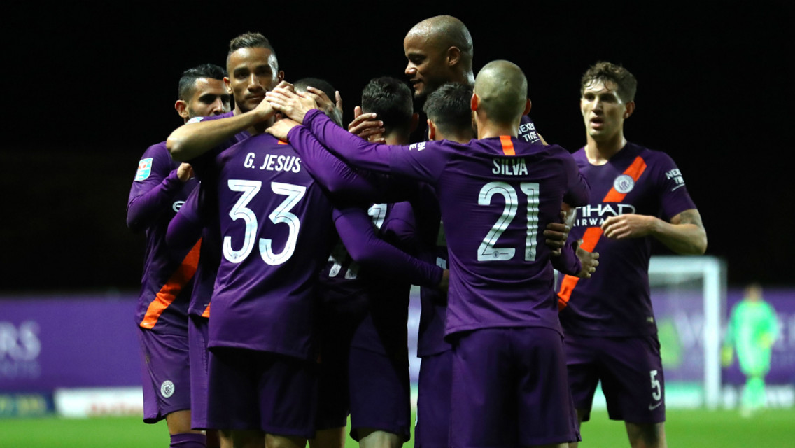 GAB JOY: The team congratulate Gabriel Jesus on his opener