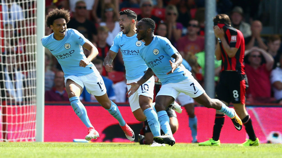 PURE JOY: Sterling rushes over to the travelling supporters as he snatches all three points in the final minute.