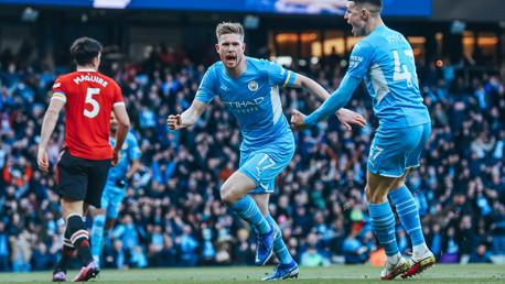 ON THE SPOT: KDB wheels away to celebrate.