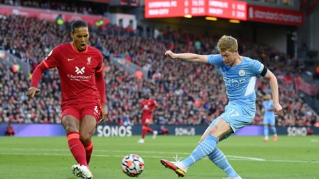 ON THE CHARGE: De Bruyne fizzes a cross across the box as City hunt for the opener.