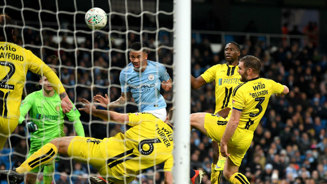 HEAD BOY: Gabriel Jesus heads home his first goal to double our lead