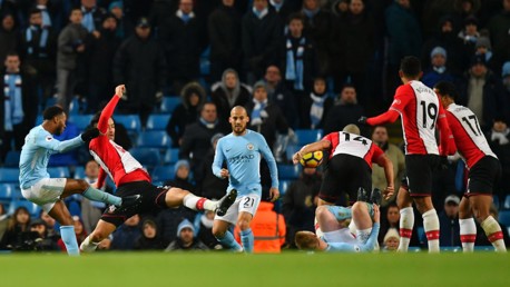 PICK YOUR SPOT: Raheem Sterling unleashes a fearsome strike in injury time against Southampton