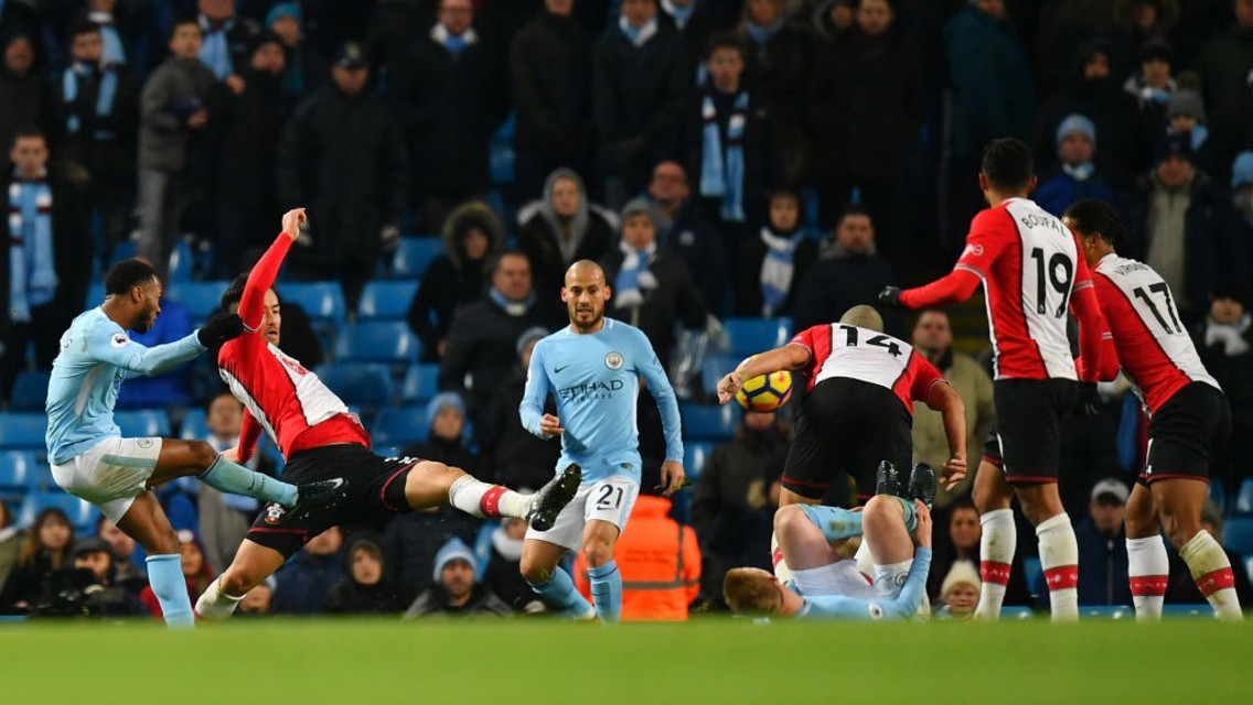 PICK YOUR SPOT: Raheem Sterling unleashes a fearsome strike in injury time against Southampton