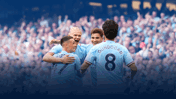 Manchester City players celebrating a goal in front of their fans. Visible players include Foden (47) and Gündoğan (8) from the back.