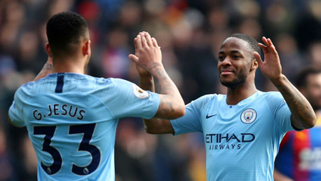 GOALS GALORE: Match Winner Gabriel Jesus celebrates with double goalscorer Raheem Sterling.