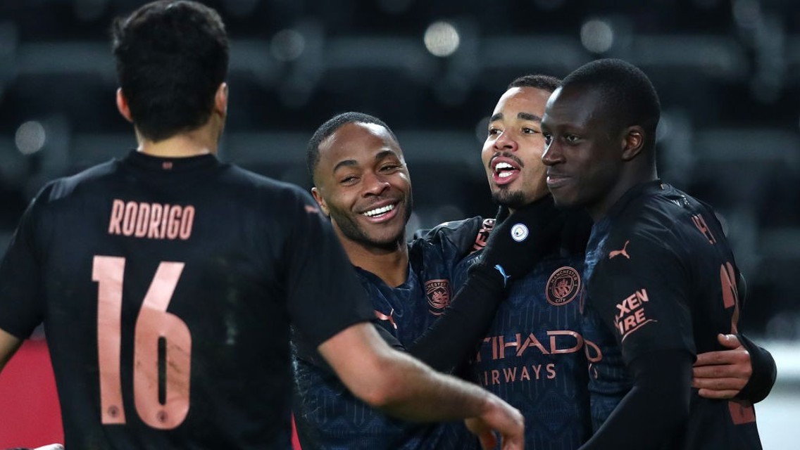 GOALS GALORE: The team go over to congratulate Gabriel Jesus