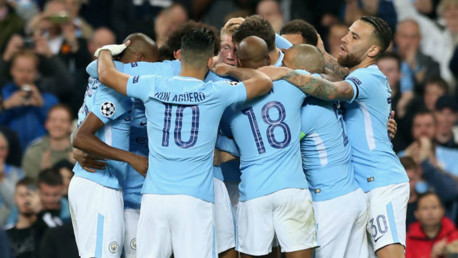 BLUE HEAVEN: The City players celebrate Kevin De Bruyne's goal