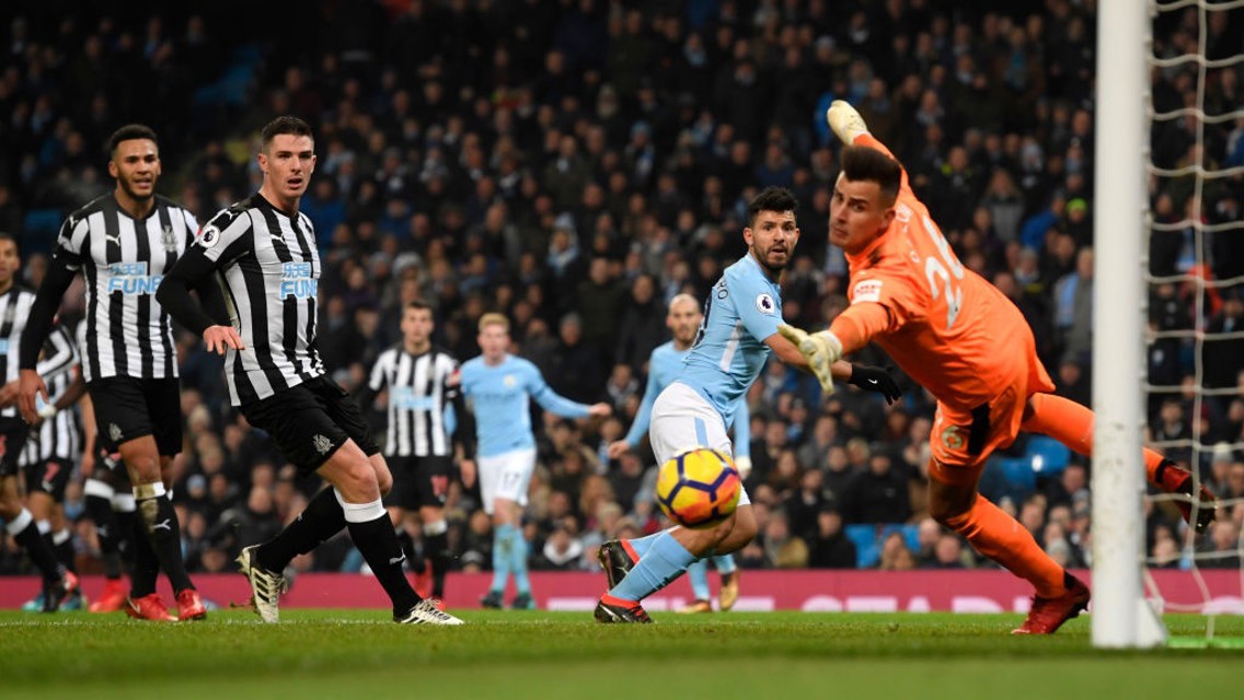 ON TARGET: Sergio Agüero watches on as his deft header finds the bottom corner to hand City the lead.